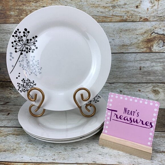 Gibson Designs NETHERWOOD Black Gray Floral Poreclain Dinner Lunch Plates Set 4 - Picture 1 of 11